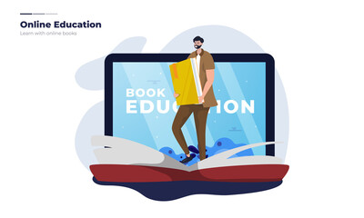 Vector illustration about a man learn with online book concept