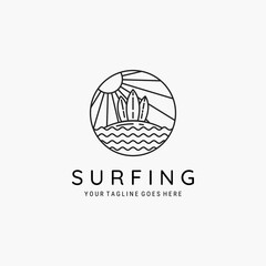 surfing line art icon emblem logo vector illustration design. simple surfing logo concept