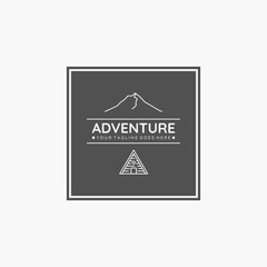 Adventure line art icon badge logo vector illustration design. mountain and cabin logo concept