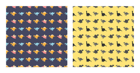 Cute Cartoon Dinosaurs Seamless Pattern as Spinosaurus, Parasaurolophus, Stegosaurus, Tyrannosaurus, Pterodactyl, and Diplodocus To Wallpaper Background or Posters. Illustration © denayune