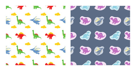 Cute Cartoon Dinosaurs Seamless Pattern as Spinosaurus, Parasaurolophus, Stegosaurus, Tyrannosaurus, Pterodactyl, and Diplodocus To Wallpaper Background or Posters. Illustration © denayune