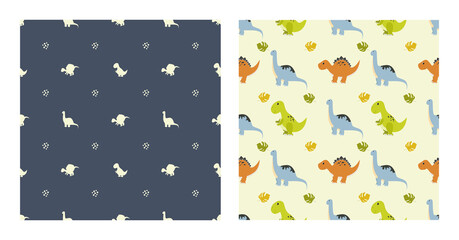 Cute Cartoon Dinosaurs Seamless Pattern as Spinosaurus, Parasaurolophus, Stegosaurus, Tyrannosaurus, Pterodactyl, and Diplodocus To Wallpaper Background or Posters. Illustration © denayune