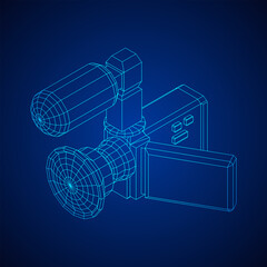 Digital video hand-held camera with rotating screen and external microphone. Wireframe low poly mesh vector illustration.