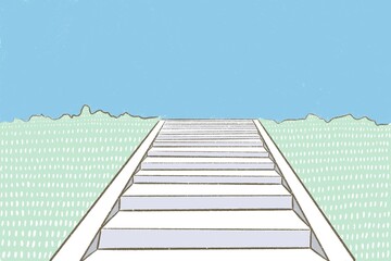 青空と原っぱが綺麗な河川敷の階段背景