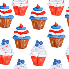 Watercolor seamless hand drawn pattern for patriotic 4th fourth of July Independence Day celebration. Design with sweets desserts candies popisicles ice cream cupcake donuts. Red blue white stars