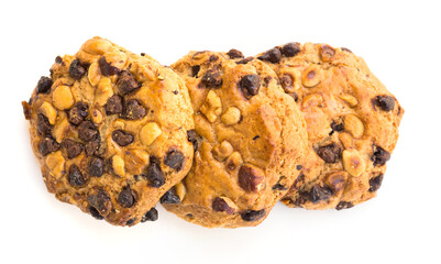 cookies with chocolate and hazelnuts on a white background