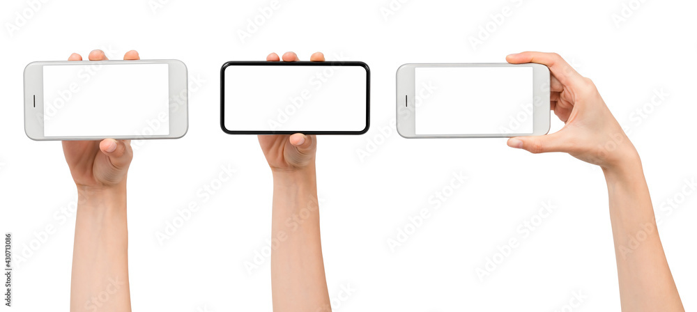 Poster gesture collection of hand holding smartphone with blank screen, mock-up for application mobile, mod