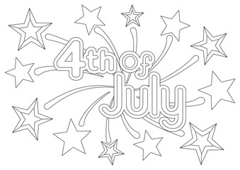 Coloring page with a festive quote on a background with firework and stars for 4th of July American Independence Day. Vector design template for coloring book, holiday greeting card, poster and banner