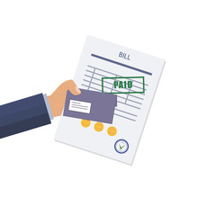 Paid bill, invoice stamped on paper page. Businessman's hand holds an envelope, a financial document about a purchase or service.Sheet, form of payment with a positive transaction.Vector illustration