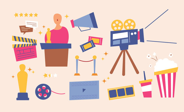 Movie equipment and film festival. flat design style minimal vector illustration.