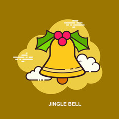 Jingle bell with yellow ringing christmas bell decorated with leaves flat concept design