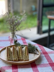 Breakfast which homemade Sandwich on wood tray