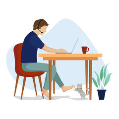 Man working from home, illustration vector cartoon