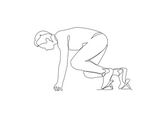 Fototapeta premium Young male running athlete on low start postion - continuous one line drawing