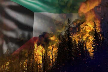 Forest fire fight concept, natural disaster - infernal fire in the woods on Kuwait flag background - 3D illustration of nature