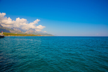 KEMER, TURKEY: Beautiful view of the sea and mountains on a sunny day.