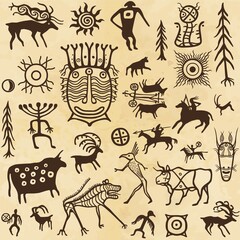 Animation image of ancient rock paintings. Drawing on a stone. Set of petroglyphs,mystical symbols, animals, people and gods.Vector illustration. Seamless pattern. Background - imitation  old paper.
