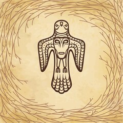 Animation image of ancient pagan deity. Bird with a human face on a breast. God, idol, totem.  Background - imitation  old paper, tree branches. Vector illustration.