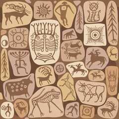 Seamless pattern - Animation image of ancient rock paintings. Drawing on a stone. Set of petroglyphs,mystical symbols, animals, people and gods.Vector illustration. 