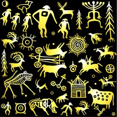 Seamless pattern. Animation image of ancient rock paintings. Drawing on a stone. Set of petroglyphs,mystical symbols, animals, people and gods.Vector illustration. Gold illustration isolated on a blac