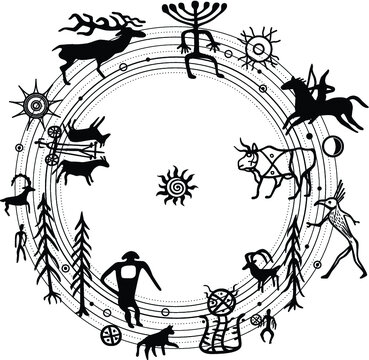 Symbolical primitive Universe, peace arrangement. Set of petroglyphs,Nature circle, mystical symbols space, people, animals, gods. Ancient rock paintings. Vector illustration isolated on a white 