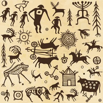 Seamless pattern. Animation image of ancient rock paintings. Drawing on a stone. Set of petroglyphs,mystical symbols, animals, people and gods.Vector illustration. Background - imitation  old paper.