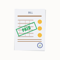 Paid bill, invoice stamped on paper page. A financial document about a perfect money purchase or service. Sheet, form of payment with a positive transaction. Business receipt with coins. Vector 
