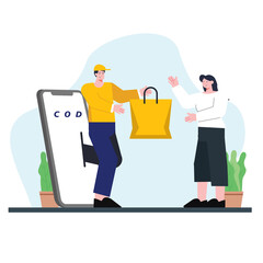 illustration of a package courier or delivery man giving a parcel to a female buyer wearing a white T-shirt