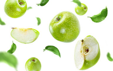 ripe apples group, slices and leaves surfing on air