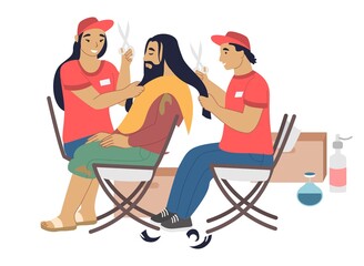 Volunteers barbers cutting hair of homeless person, flat vector illustration. Care for homeless, volunteering, charity.