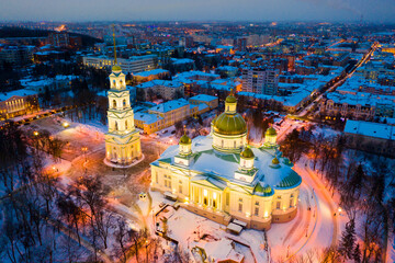 Evening view from above of the Spassky Cathedral in winter in Penza, Russia.