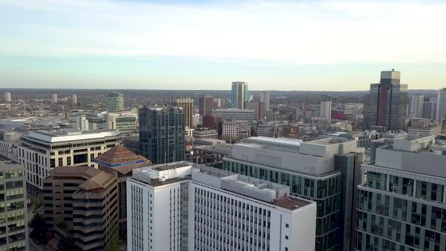 An aerial truck shot over England's second city, Birmingham. You can several famous landmarks across the city including the rotunda and the Radisson Blu Hotel.