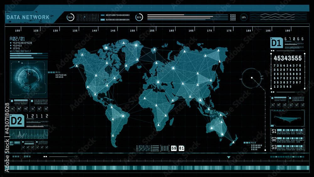 Poster hud futuristic holographic, network connection structure, world map with icon people network connect