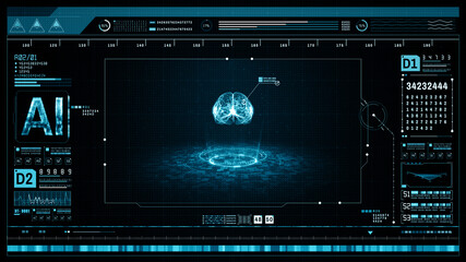 Artificial intelligence concept. Brain over a circuit board and scanning. Graphic user interface...