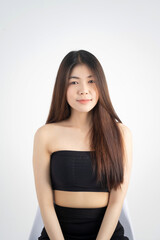 Portrait of beautiful asian woman makeup of cosmetic, girl hand touch cheek and smile attractive, face of beauty perfect with wellness isolated on white background with skin healthcare concept.