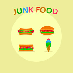colorful fast food vector set. hot dog, burger, sandwich and ice cream.