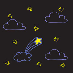 Obraz premium blue cloud with yellow stars and comet isolated on dark background. night time illustration, hand drawn vector. doodle art for kid, design template, wallpaper, cover, sticker, clipart. cute and beauty