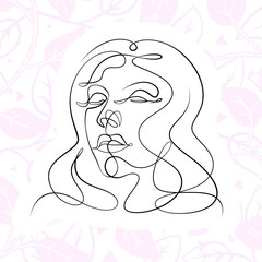 International Women's Day minimal design line drawing style. Portrait of young woman beauty face isolated on pastel leaf background. Vector for Spa, fashion, hairdressing and beautiful artwork design.
