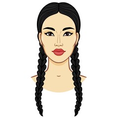 Asian beauty. Animation portrait of a beautiful girl with braids .  Vector color illustration isolated on a white background. Print, poster, t-shirt, card. - obrazy, fototapety, plakaty