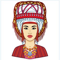 Asian beauty. Animation portrait of a beautiful girl in ancient national turban. Married woman 's headdress. Central Asia. Vector illustration isolated. Gray background. Print, poster, t-shirt, card.