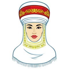 Asian beauty. Animation portrait of a beautiful girl in ancient national turban. Married woman 's headdress. Central Asia. Vector illustration isolated. Gray background. Print, poster, t-shirt, card.