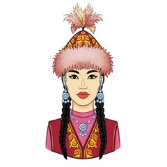 Asian beauty. Animation portrait of a beautiful girl in ancient national cap and jewelry. Central Asia. Vector illustration isolated. Print, poster, t-shirt, card.