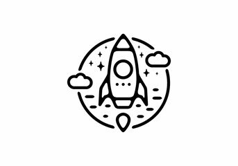 Black line art illustration of flying rocket in circle shape
