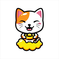 cartoon cute lucky cat vector design is holding gold money on golden cloud