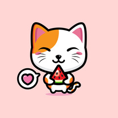 Obraz premium cartoon cute lucky cat vector design holding a slice of watermelon