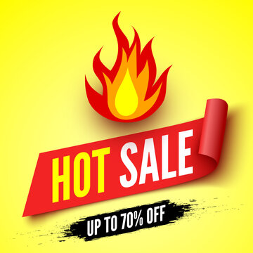 Hot sale banner with fire and red ribbon. Vector illustration.