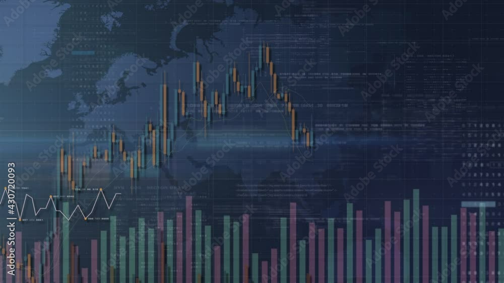 Fototapete Business stock market, trading, info graphic with animated graphs, charts and data numbers insight analysis to be shown on monitor display screen for business meeting mock up theme