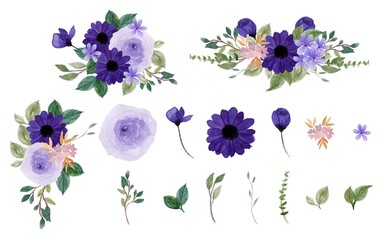 Fototapeta na wymiar Beautiful Purple Individual And Bouquet Flowers Collection