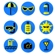 Flat icons vector set with shadow effect in bright blue and yellow colors of traveling, tourism and vacation theme. Isolated on white background. Social media icons.