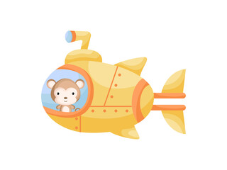 Cute little monkey sail on yellow submarine. Cartoon character for childrens book, album, baby shower, greeting card, party invitation, house interior. Vector stock illustration.